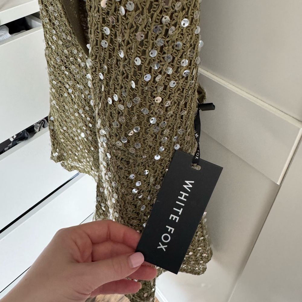 White Fox Boutique Olive Green Sequin Halter Backless Romper - Picture 3 of 4